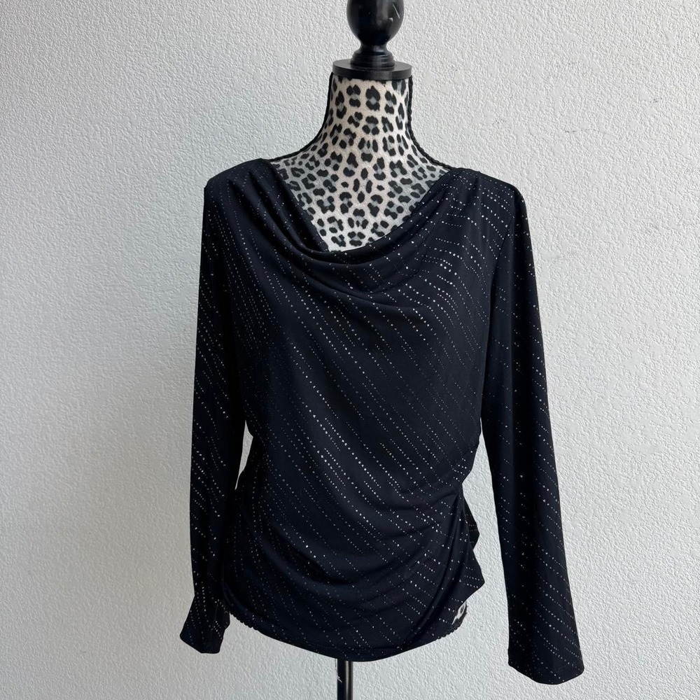 AB Studio vintage Black cowl neck top with diagonal silver sequin stripes